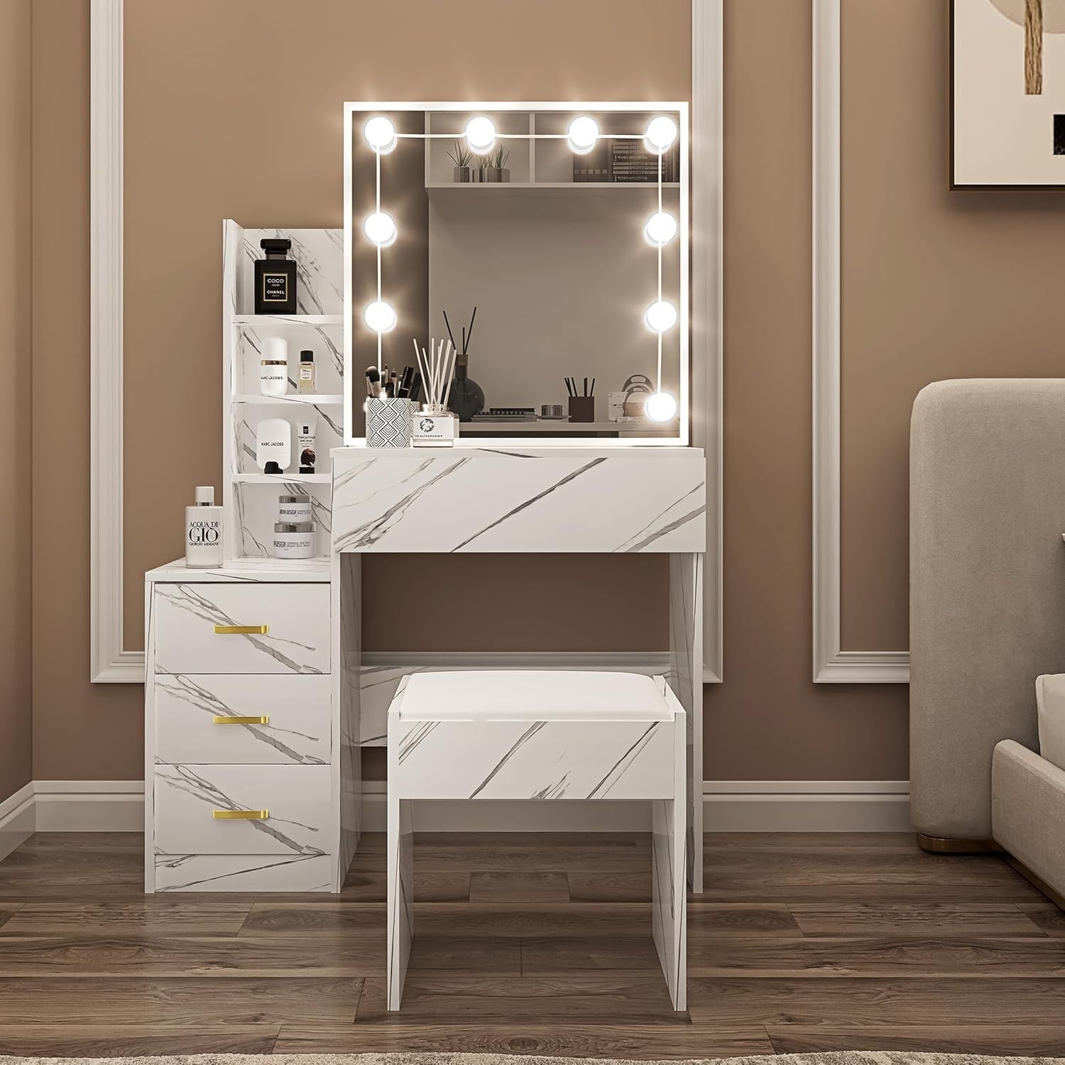 Wood Makeup Vanity Desk w/LED Light Mirror 3 Drawers Open Shelves Dressing Set
