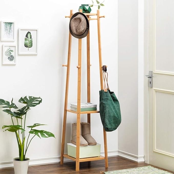 Bamboo Coat Rack with Shelves | Freestanding Hall Tree with 8 Hooks & 3 Tiers