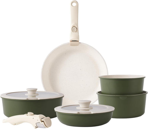 5Pcs Green Pots Pans Set with Glass Lids & Detachable Handle Induction Safe