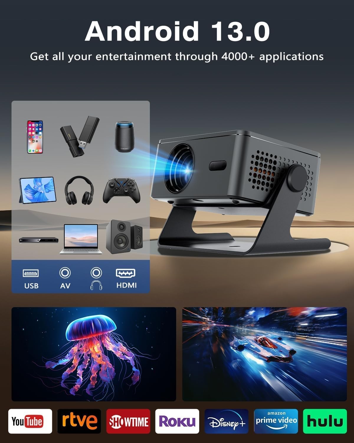 Mini Smart Projector Android 13 WiFi Bluetooth 4K Support 180° Rotate