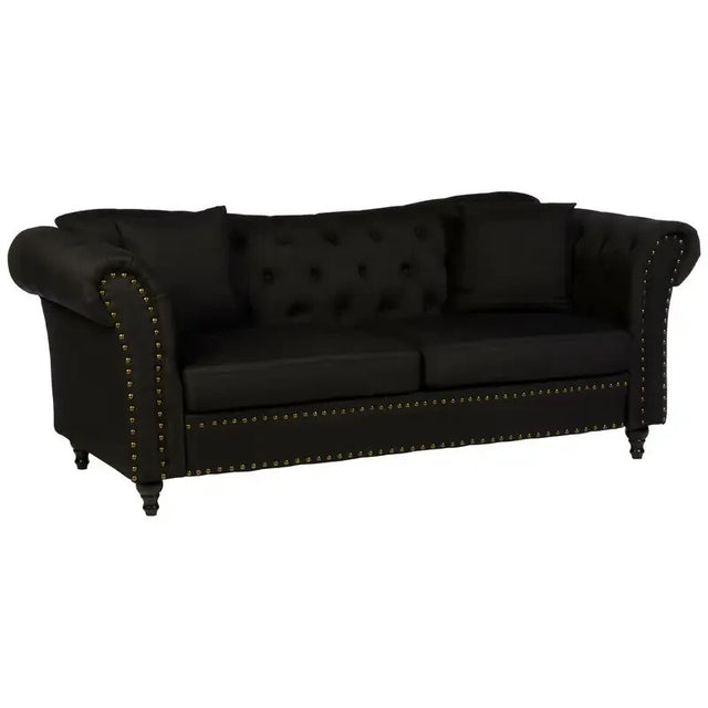 Luxury 3 Seater Black Chesterfield Sofa Fabric Upholstery Scroll Arms