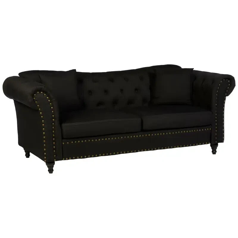 Luxury 3 Seater Black Chesterfield Sofa Fabric Upholstery Scroll Arms