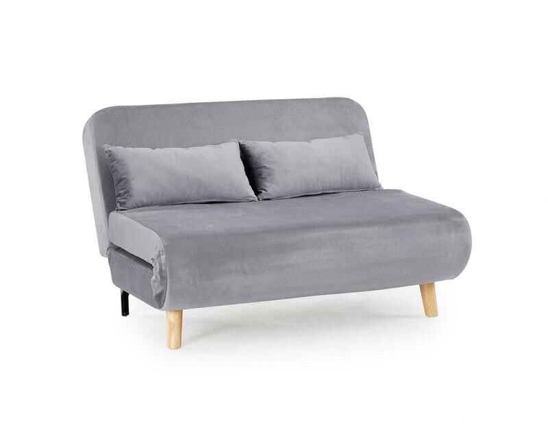 Grey Velvet 2-Seater Sofa Bed Futon Recliner w/ Wooden Legs Pillows