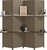 4 Panel Folding Room Divider with Shelves – Brown Woven Privacy Screen