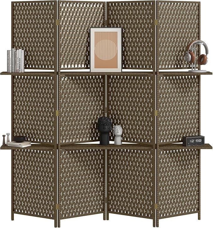 4 Panel Folding Room Divider with Shelves – Brown Woven Privacy Screen