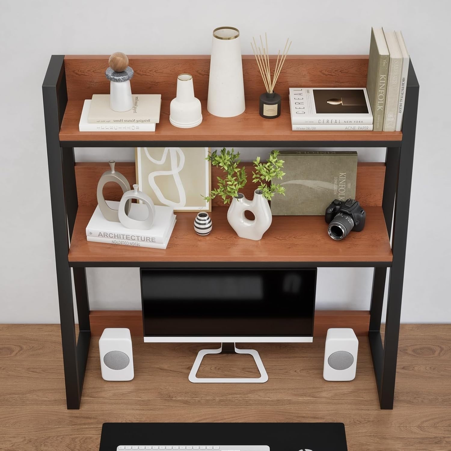 55cm Desktop Hutch 2-Tier Ladder Shelf Organizer Wooden Display Rack Brown