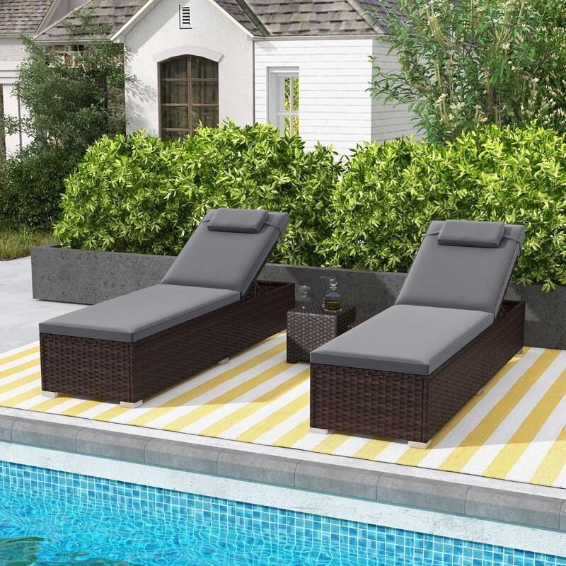Outdoor Rattan Sun Lounger with Cushion & Table Recliner Chair 6-Position