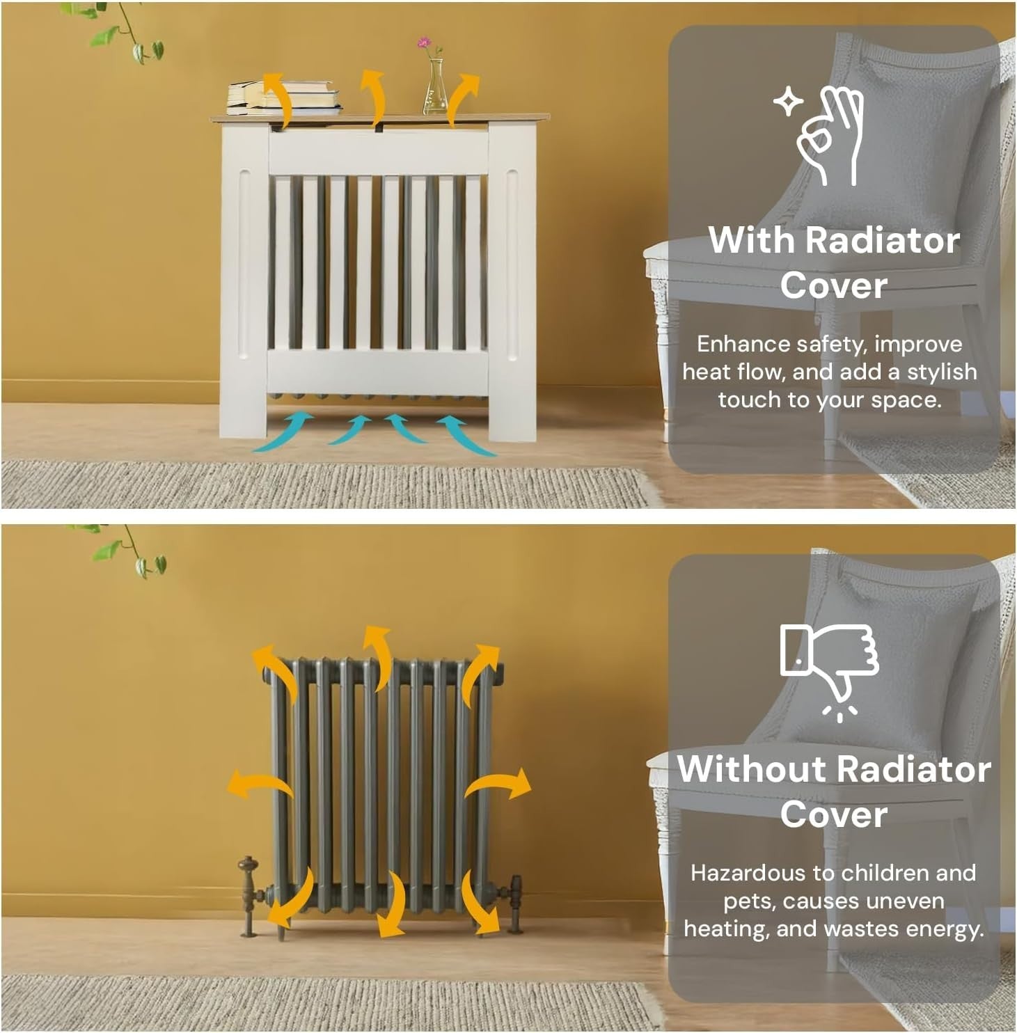 Small White Radiator Cover MDF Compact Classic Design with Oak Top Shelf