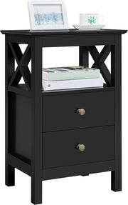 Modern Black Bedside Table with Drawers & Open Shelf – X-Design Nightstand 30x40