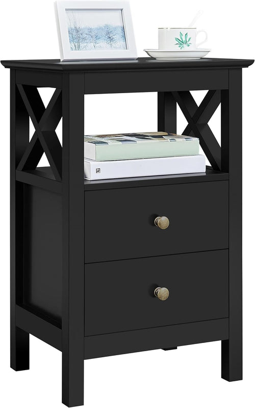 Modern Black Bedside Table with Drawers & Open Shelf – X-Design Nightstand 30x40