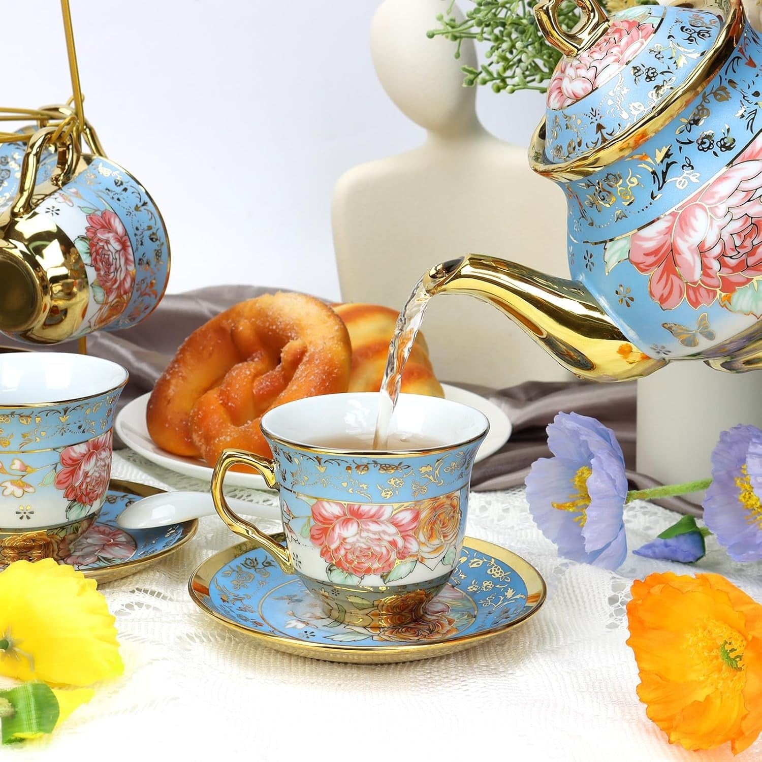 20Pc Porcelain Tea Set Blue Gold Floral Cups Saucers Teapot Stand Gift
