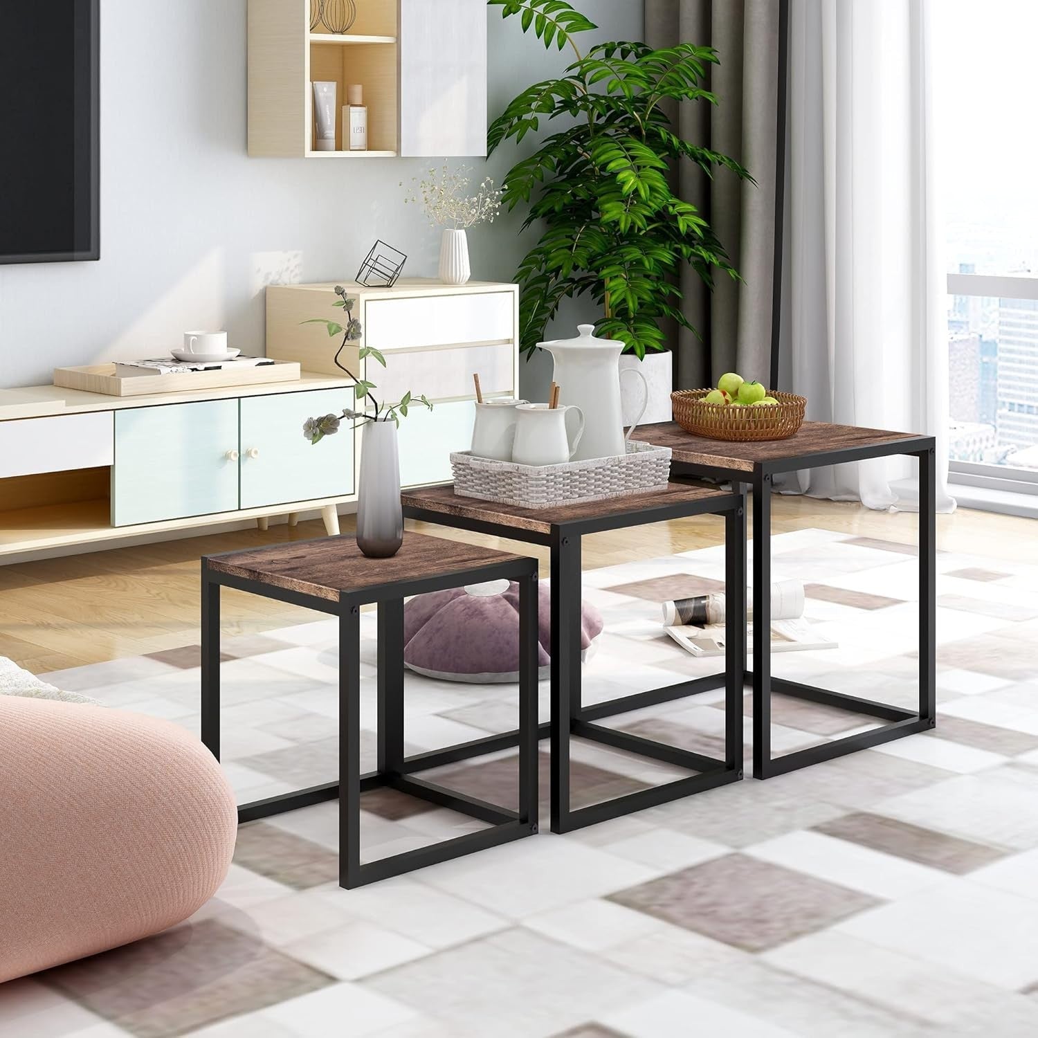 Space Saving Nesting Coffee Table Set of 3 Brown Square End Side Tables Living R
