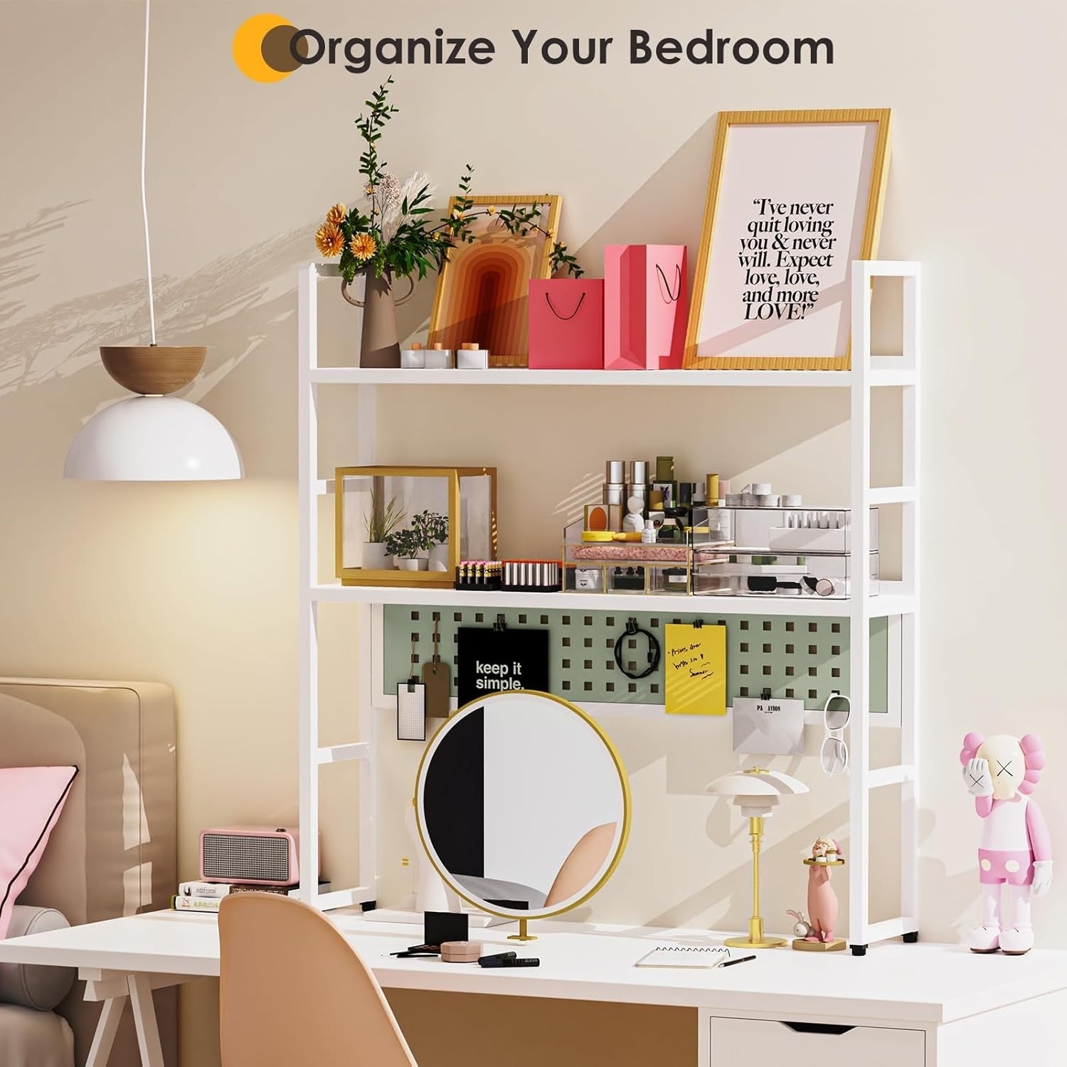 35.4" Desk Hutch Shelf with Pegboard | 2-Tier Metal Desktop Organizer