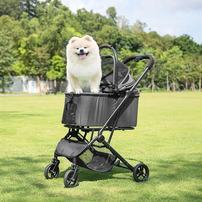 2 in 1 Dog Stroller Removable Basket Foldable Pet Pram 4 Wheel Travel Cart