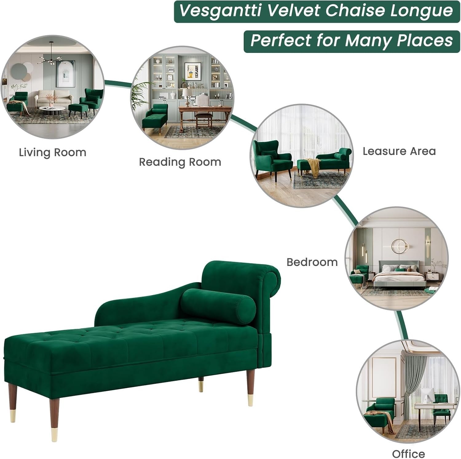 Velvet Right Armrest Chaise Lounge Green with Lumbar Pillow & Tool-Free Setup
