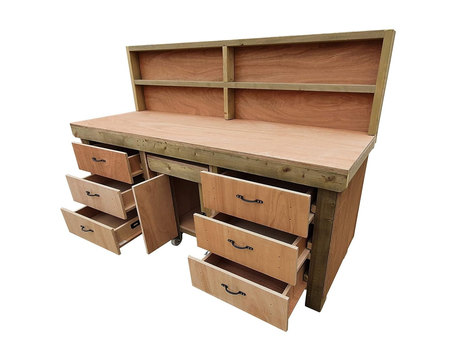 7ft Heavy Duty Wooden Workbench w/ Drawers, Lockable Cupboard & Back Panel