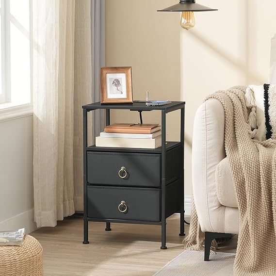 Black Bedside Table with Charging Station, 2 Drawers USB Ports Modern Nightstand