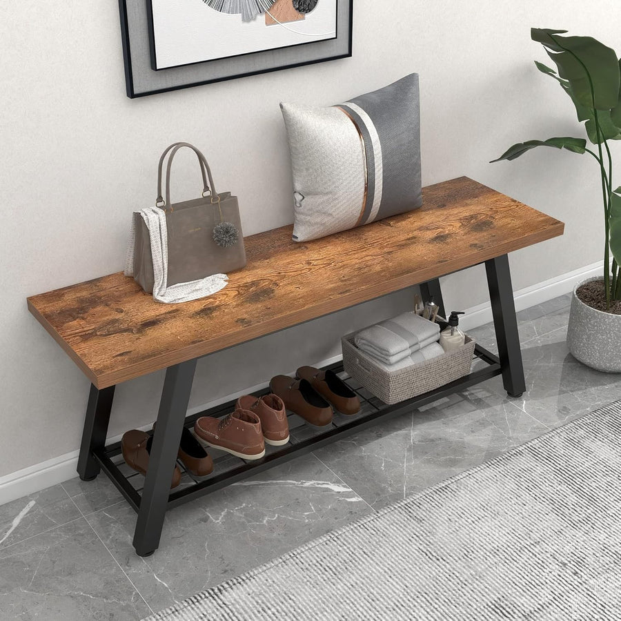 Rustic Wood & Metal Shoe Storage Bench – Industrial Entryway Hallway Seat