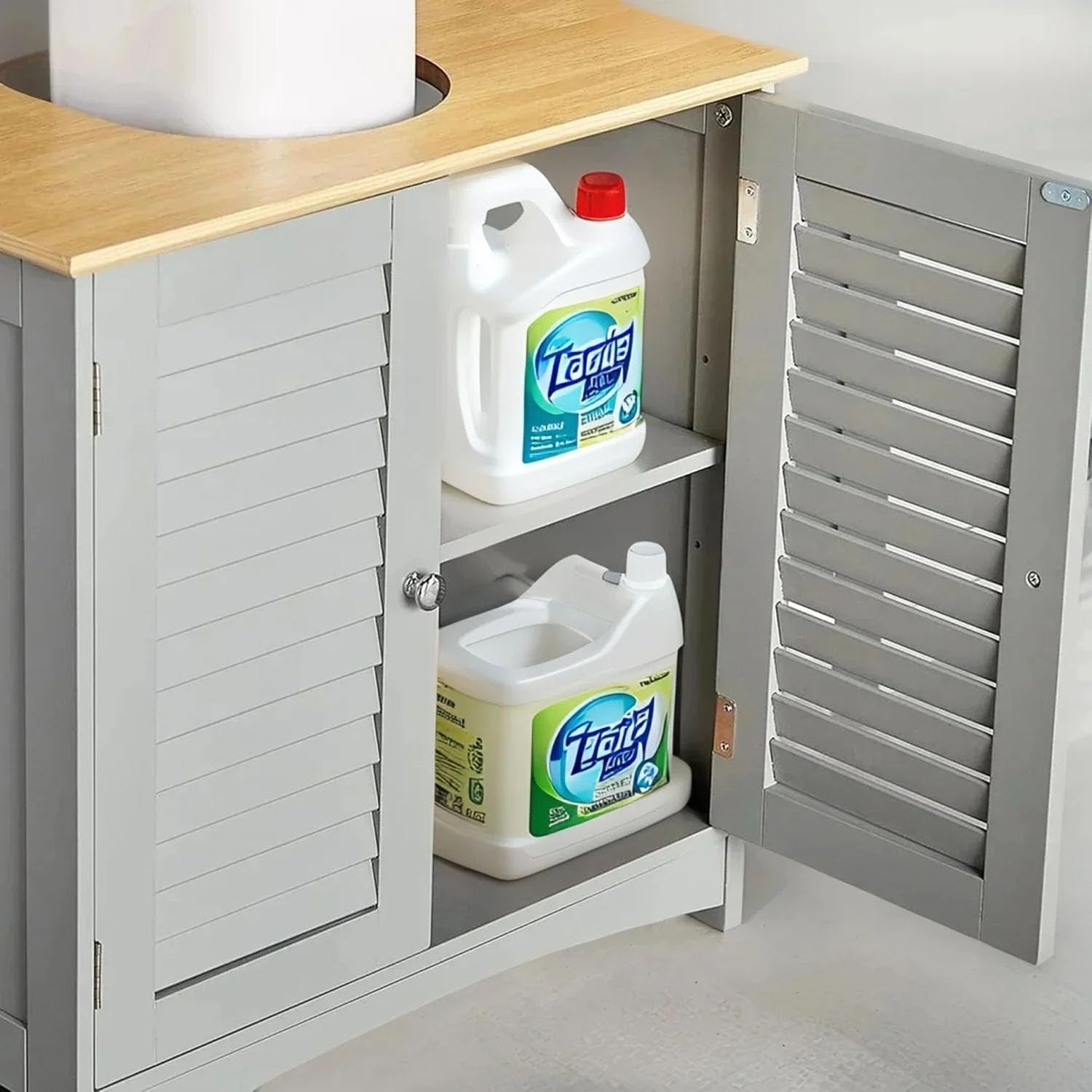 Grey Under Sink Bathroom Cabinet w/ Oak Top | 60cm Cupboard, Shutter Doors