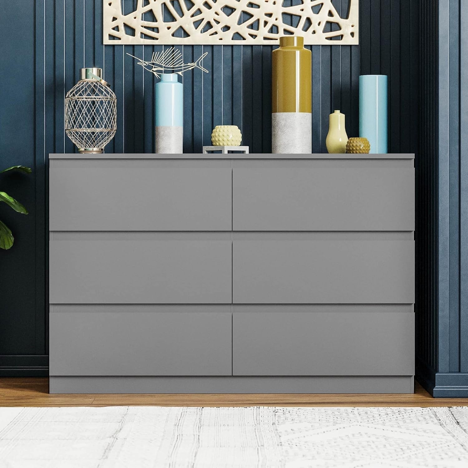 Modern 6-Drawer Grey Wooden Chest Storage Unit - Space-Saving Bedroom Organizer