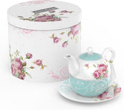 Tea for One Teapot Cup Saucer Set 350ml Vintage Floral Turquoise Gift