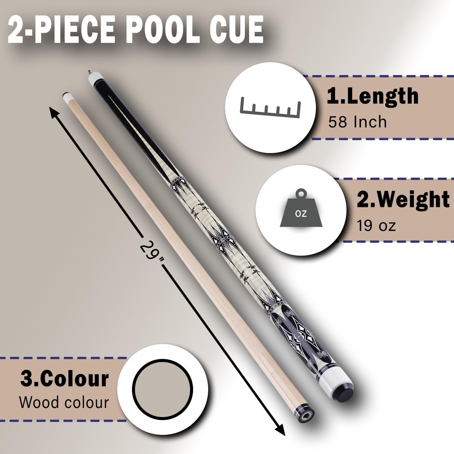 58" Maple Pool Cue 13mm Tip 19oz 20oz 1/2 Joint Billiard Stick