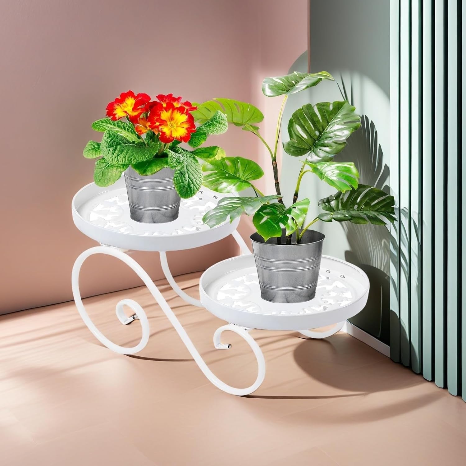 2 Tier White Metal Plant Stand Indoor Outdoor Iron Flower Pot Display Rack