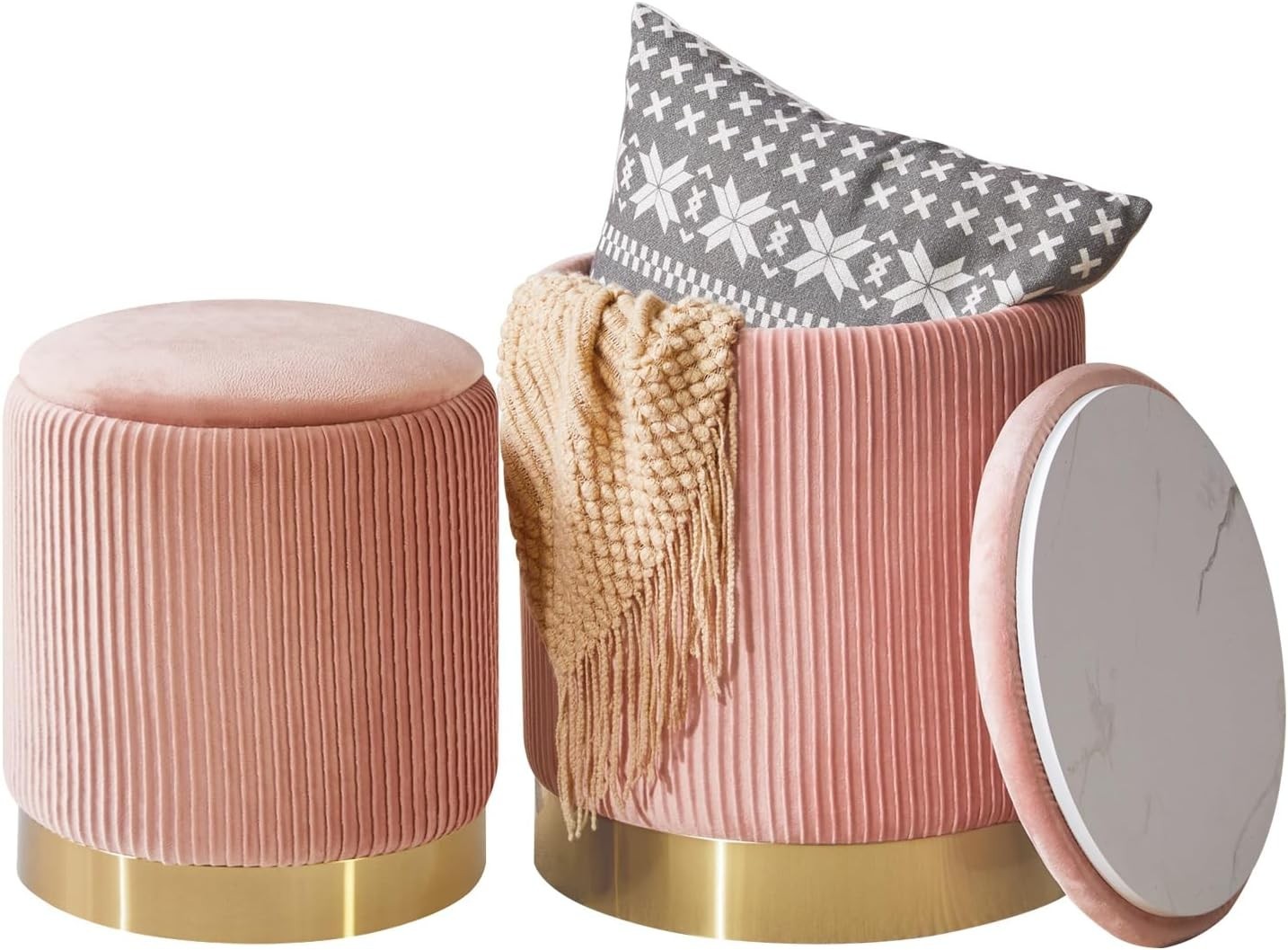 Set of 2 Pink Round Storage Ottomans – Velvet Pouffe Stools & Side Tables