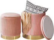 Set of 2 Pink Round Storage Ottomans – Velvet Pouffe Stools & Side Tables