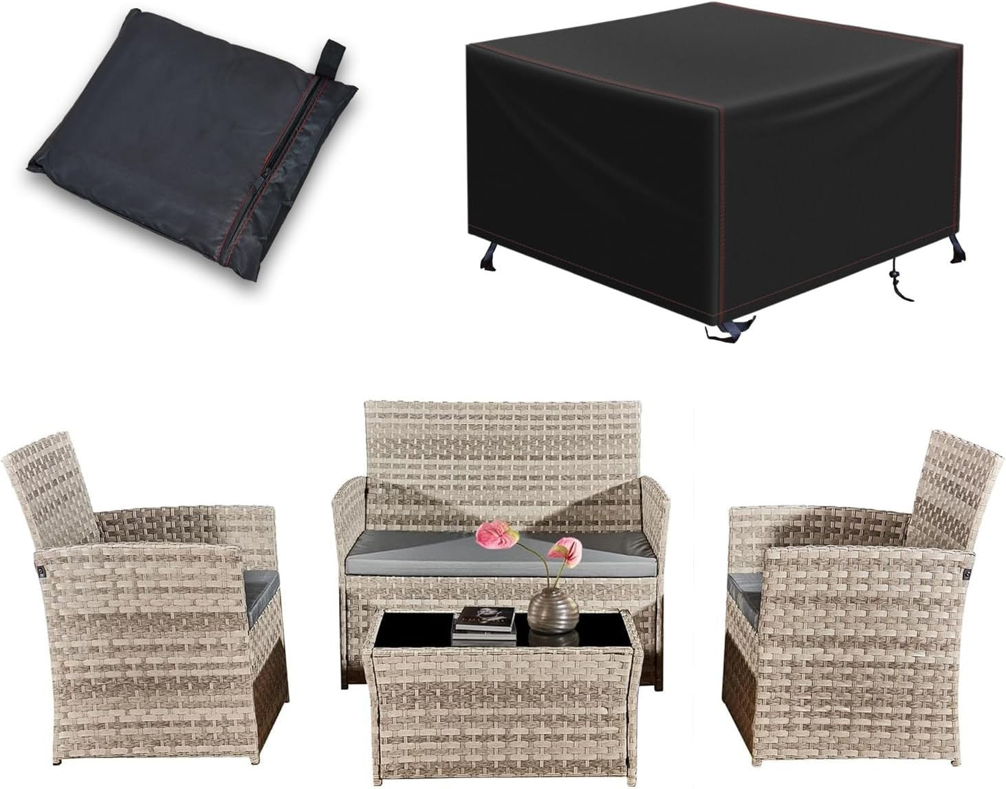 4pc Rattan Garden Furniture Set w/Cover Sofa Chairs Coffee Table Grey