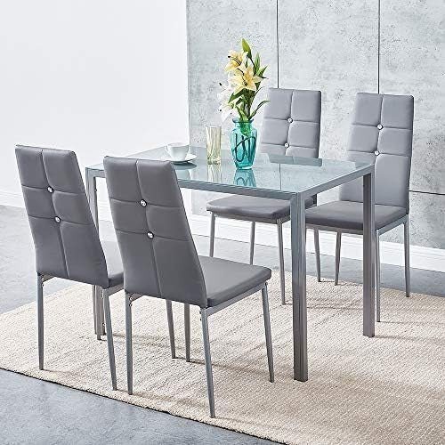 Modern Grey Glass 120x80cm Dining Table Set with 4 Faux Leather Chairs