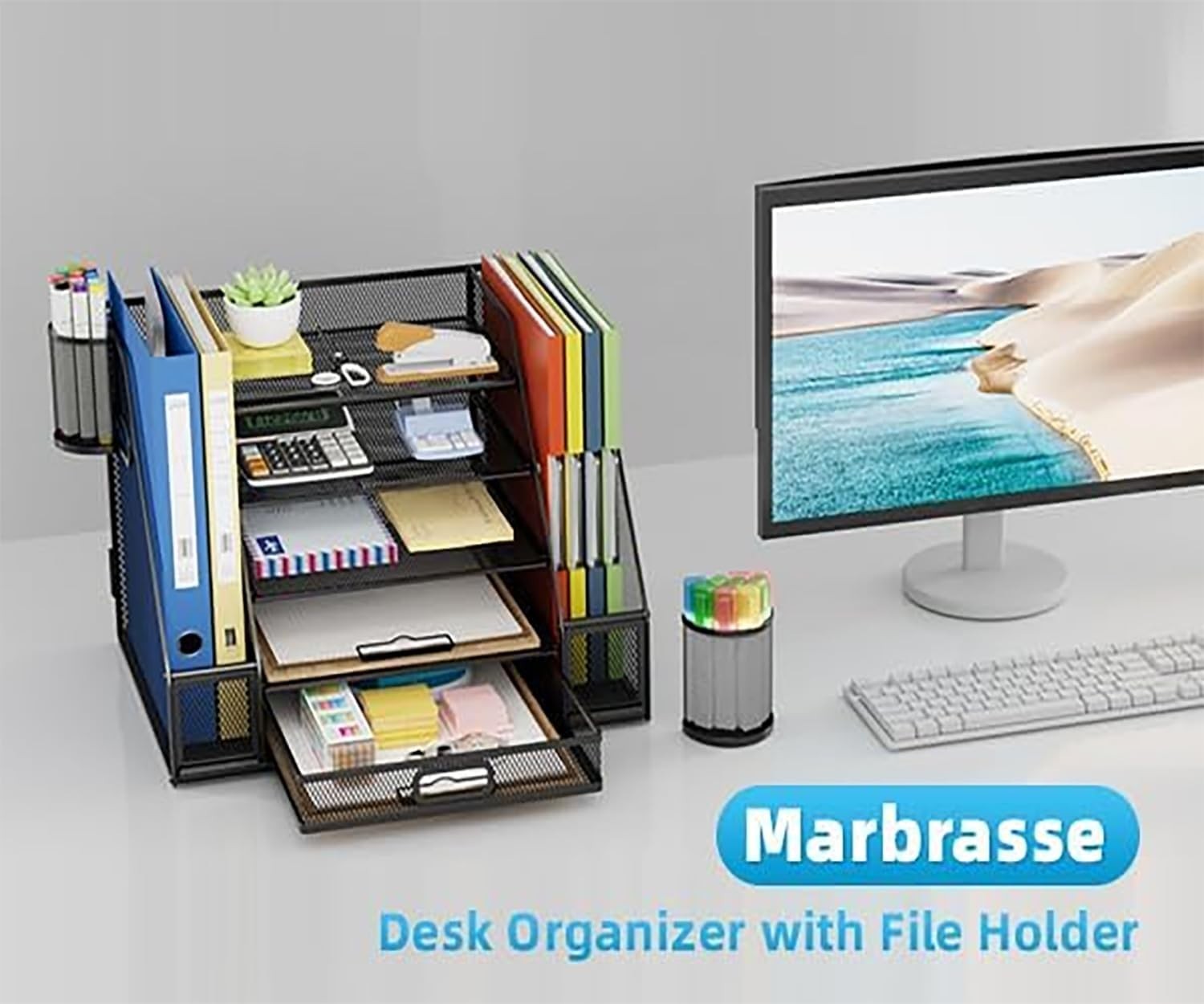 5-Tier Desk Organiser with Drawer & Pen Holders Bilateral Mesh Storage