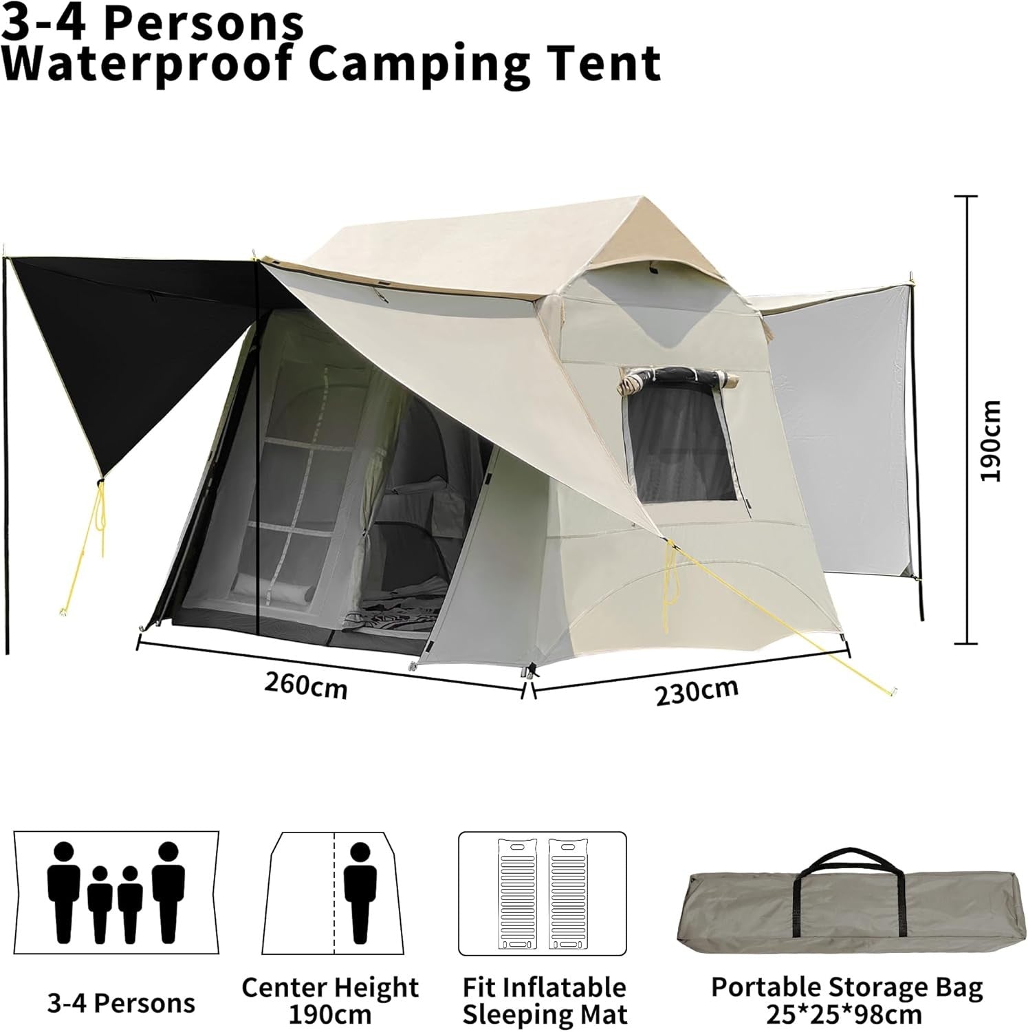 Waterproof 2 Layer Camping Tent Beige 2.6x2.3m w/ Canopy