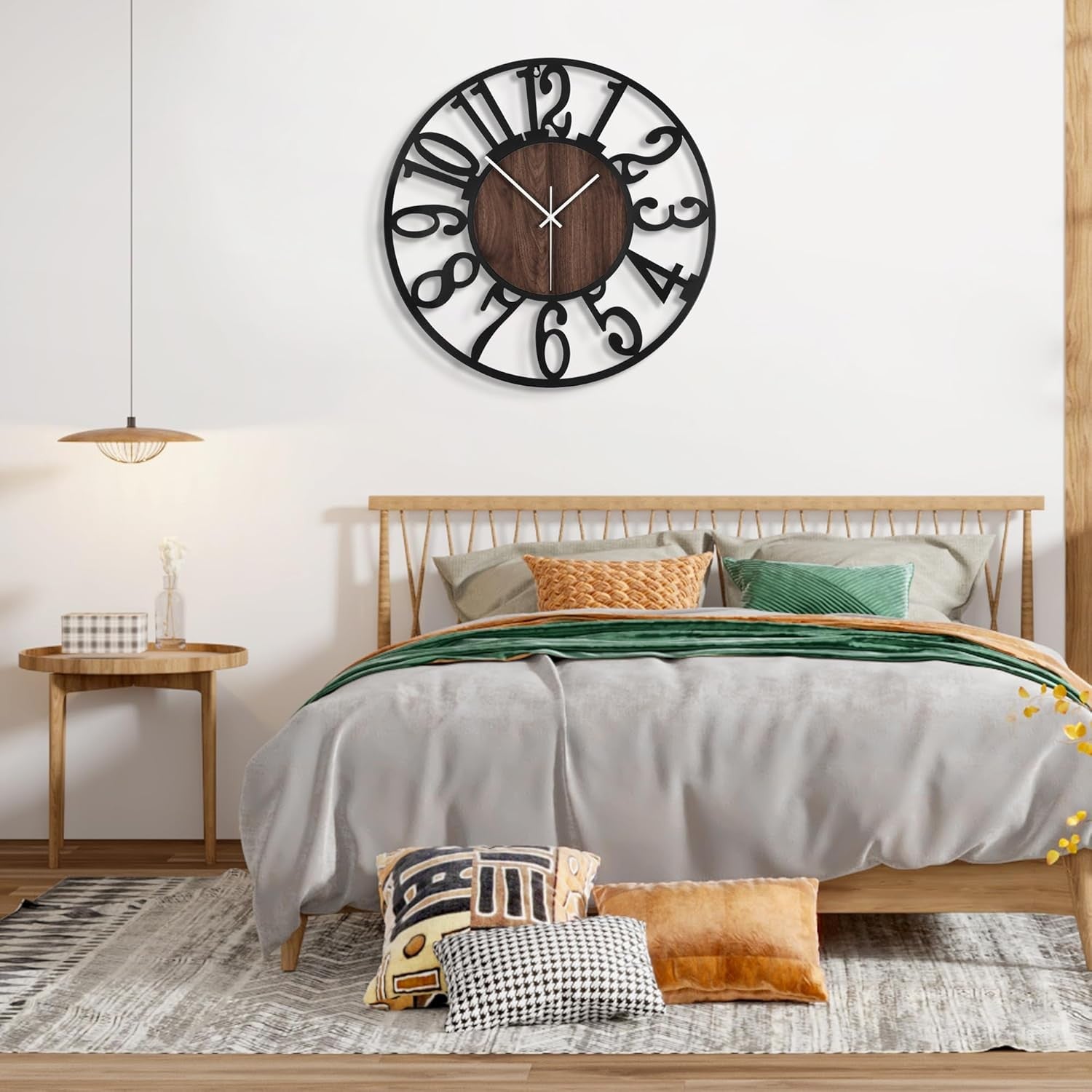 Large 34cm Silent Wall Clock Modern Rustic Metal Wood Arabic Number Decor