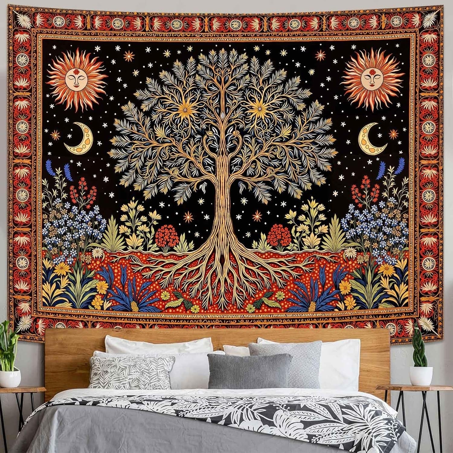 Large Celestial Sun & Moon Tree of Life Tapestry Boho 90x70