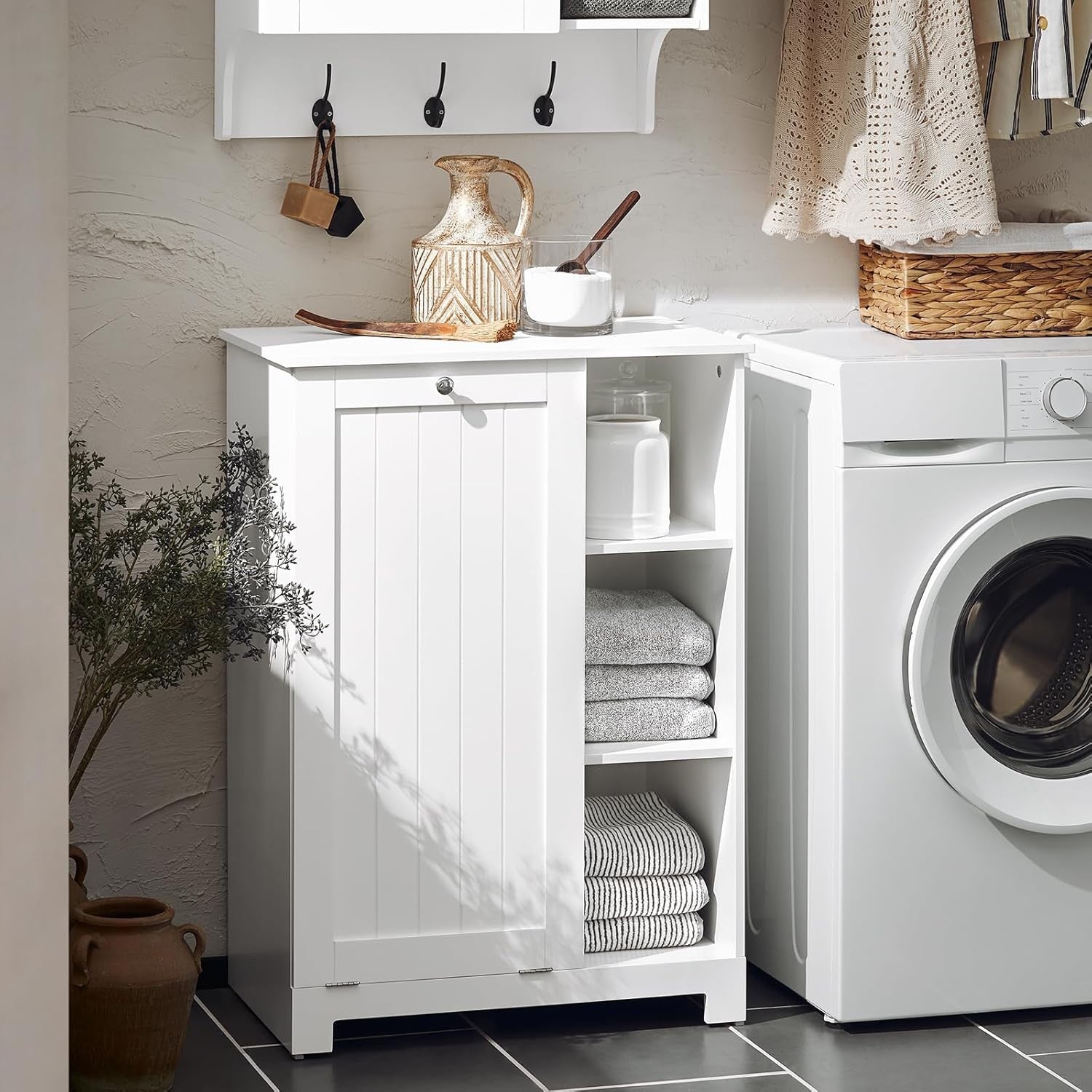 Slim Bathroom Laundry Cabinet with Flip Out Basket & Shelves White