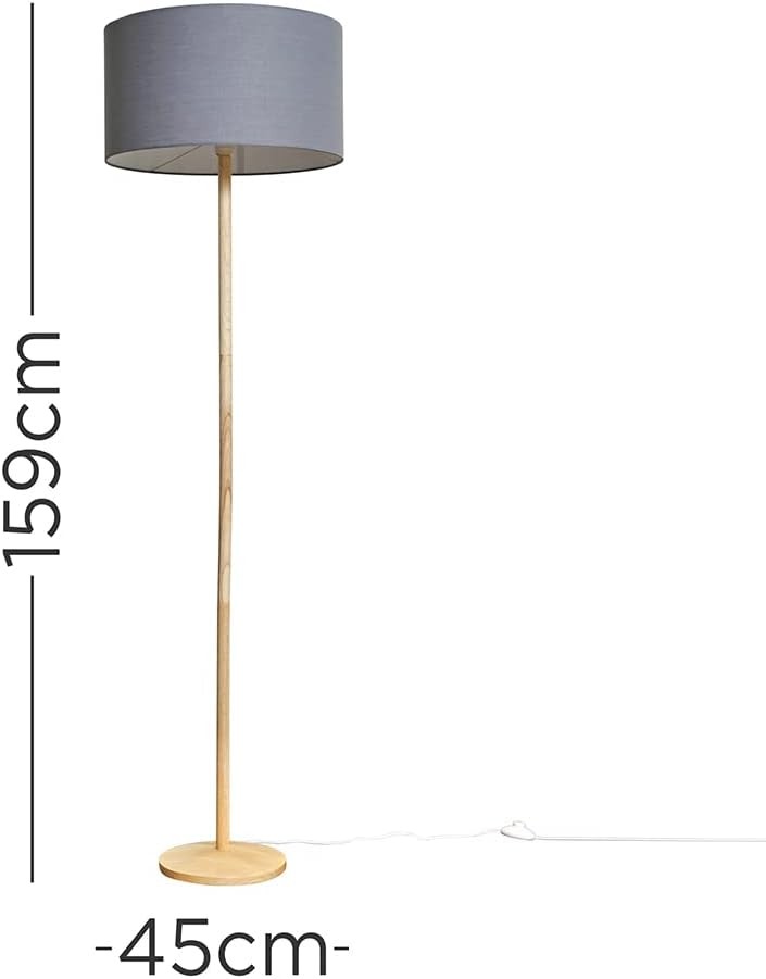 Natural Wood Floor Lamp Dark Grey Shade Modern Standing Light Living Room