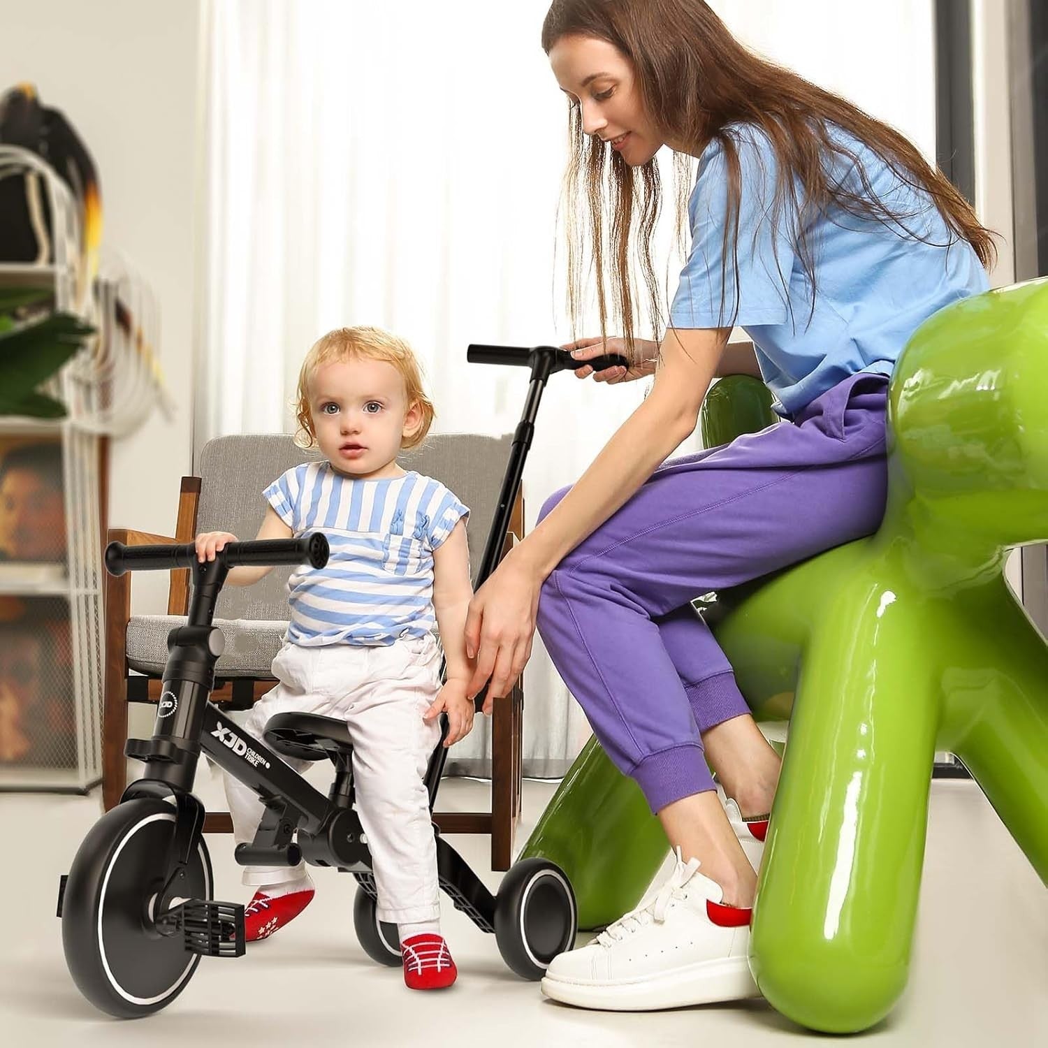 6 in 1 Foldable Toddler Tricycle Push Bike Adjustable Handle Black 1-4Y