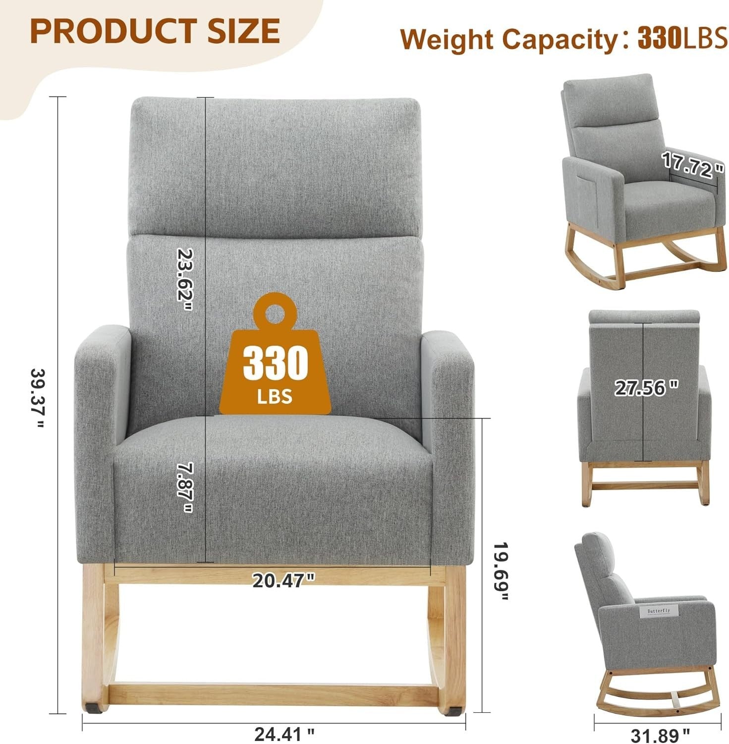 Rocking Chair High Back Linen Armchair with Pockets for Nursery Bedroom