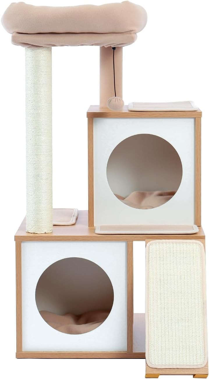 89cm Beige Wooden Cat Tree Tower Double Condo Sisal Scratching Posts