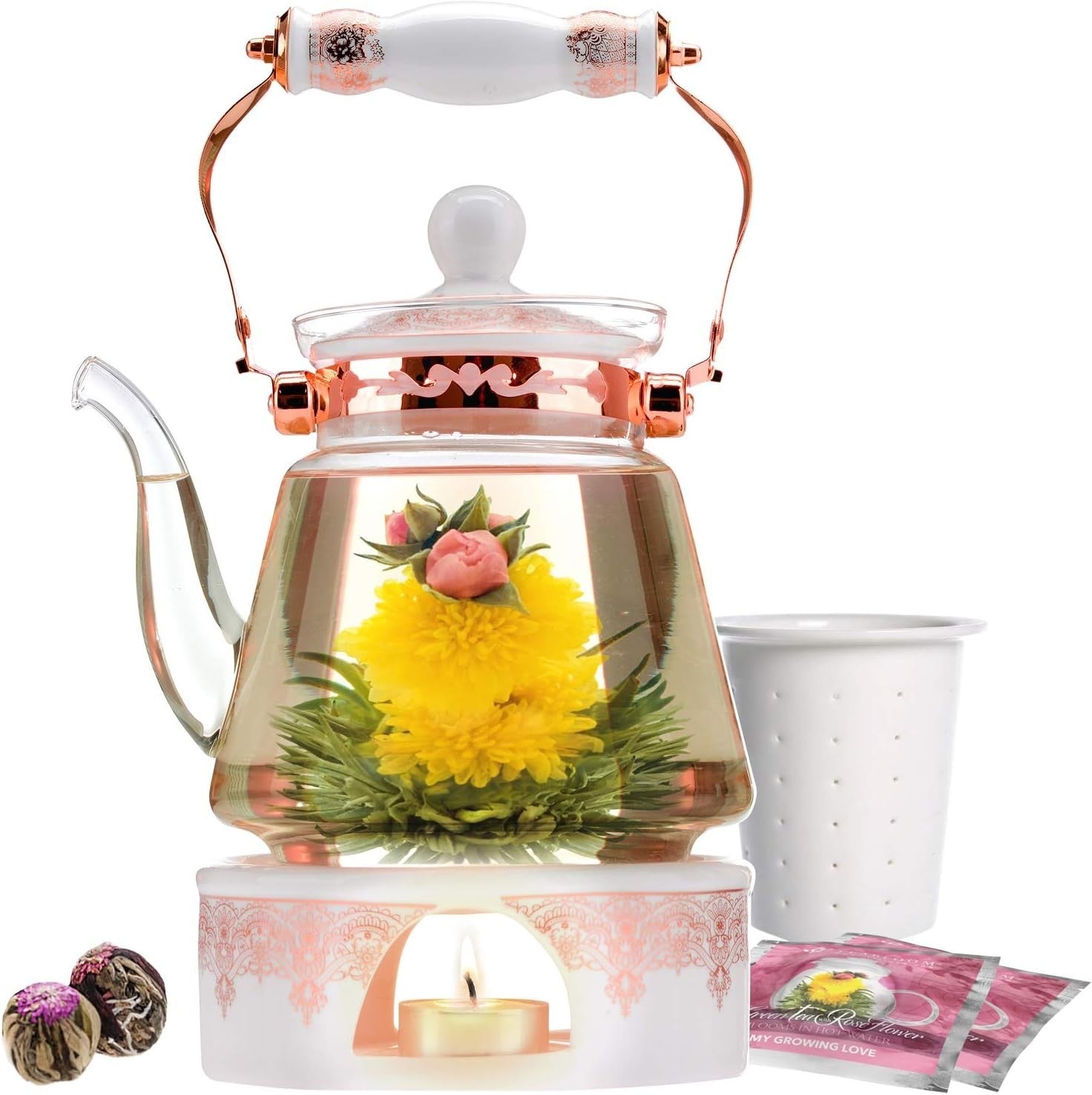 Glass Teapot Gift Set 1200ml Tea Warmer Infuser Blooming Tea 6pc