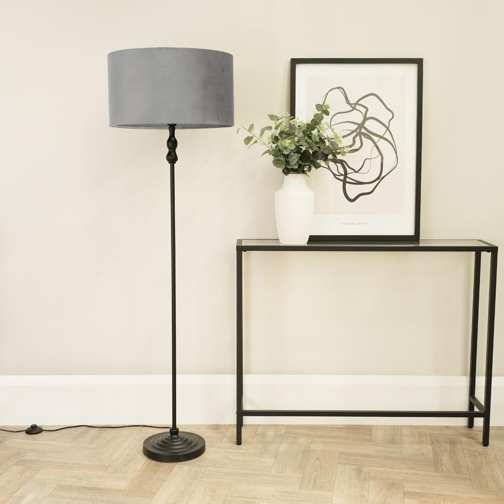 Black Metal Floor Lamp with Grey Velvet Shade & LED Bulb, Modern Light