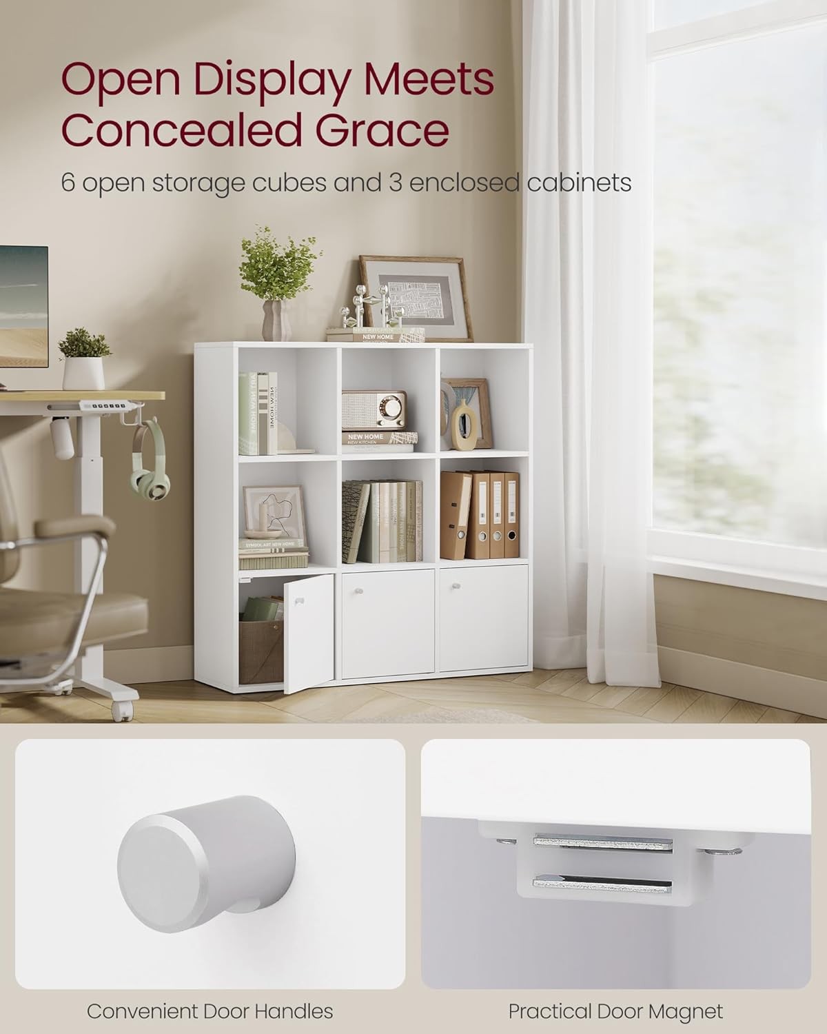 9-Cube White Bookcase with Cabinets, Modern Storage Shelf Unit for Home Office