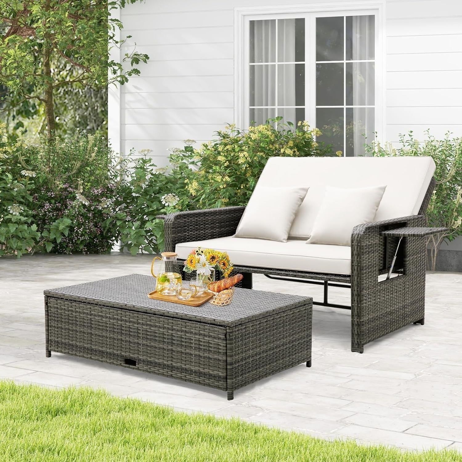 White+Grey 2-Seater Rattan Daybed Outdoor with Adjustable Back & Ottoman