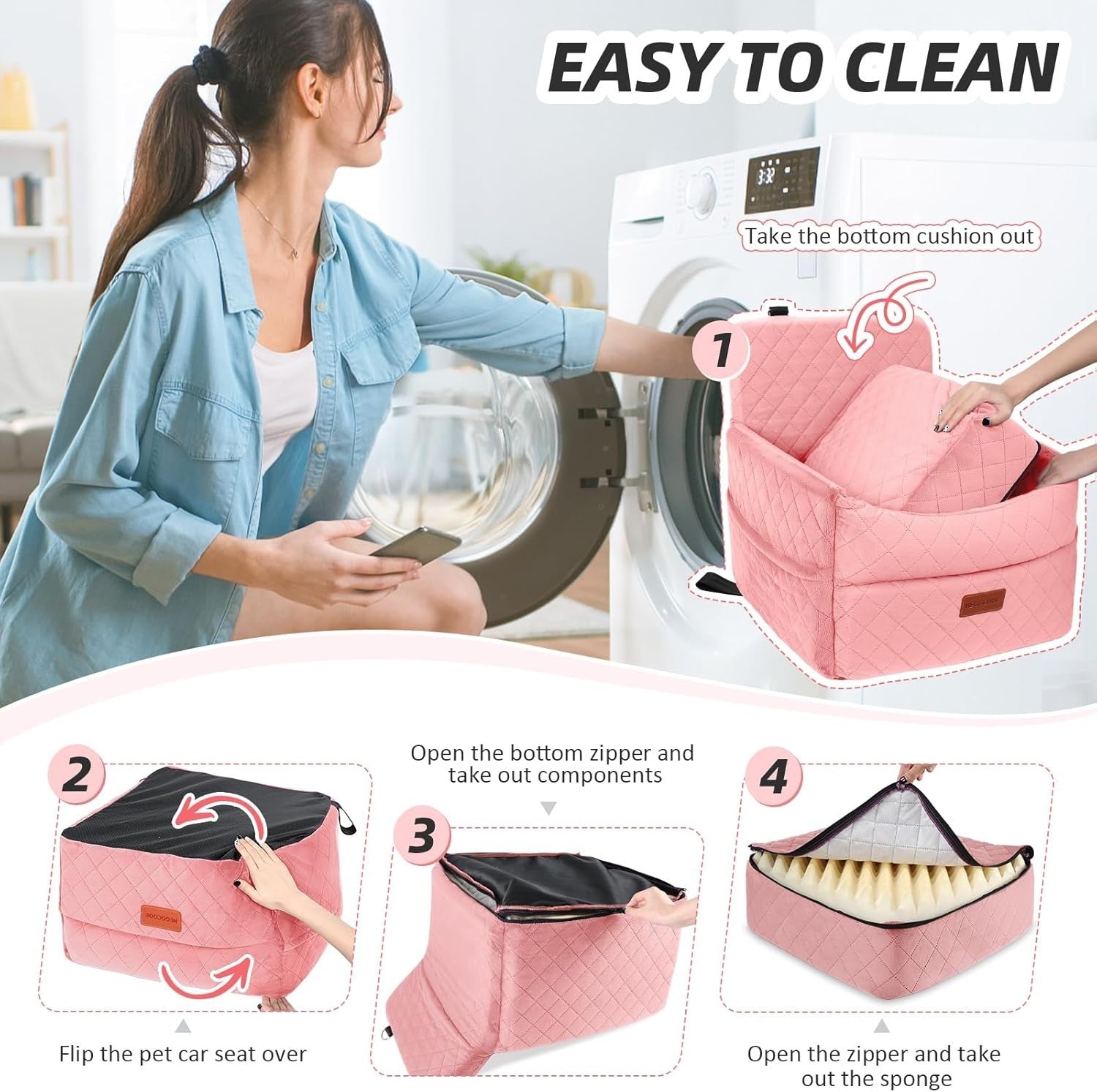 Pink Dog Booster Car Seat Memory Foam Travel Bed 2 Safety Belts