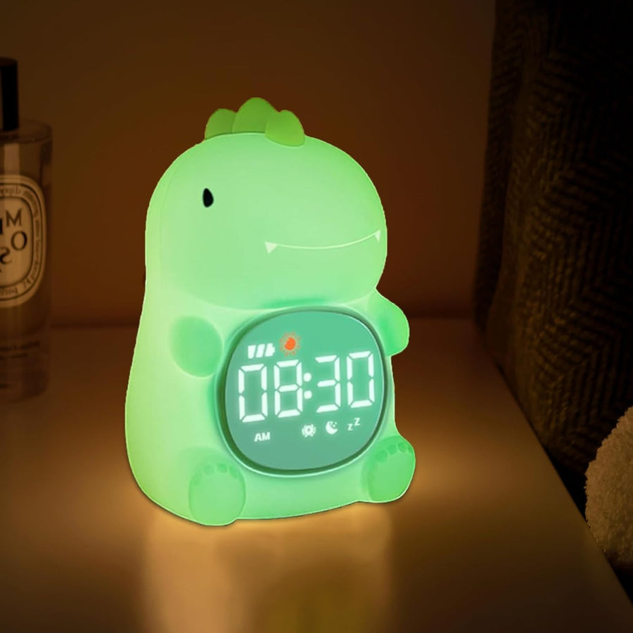 Kids Dinosaur Alarm Clock Night Light Sleep Trainer White Noise Table Lamp