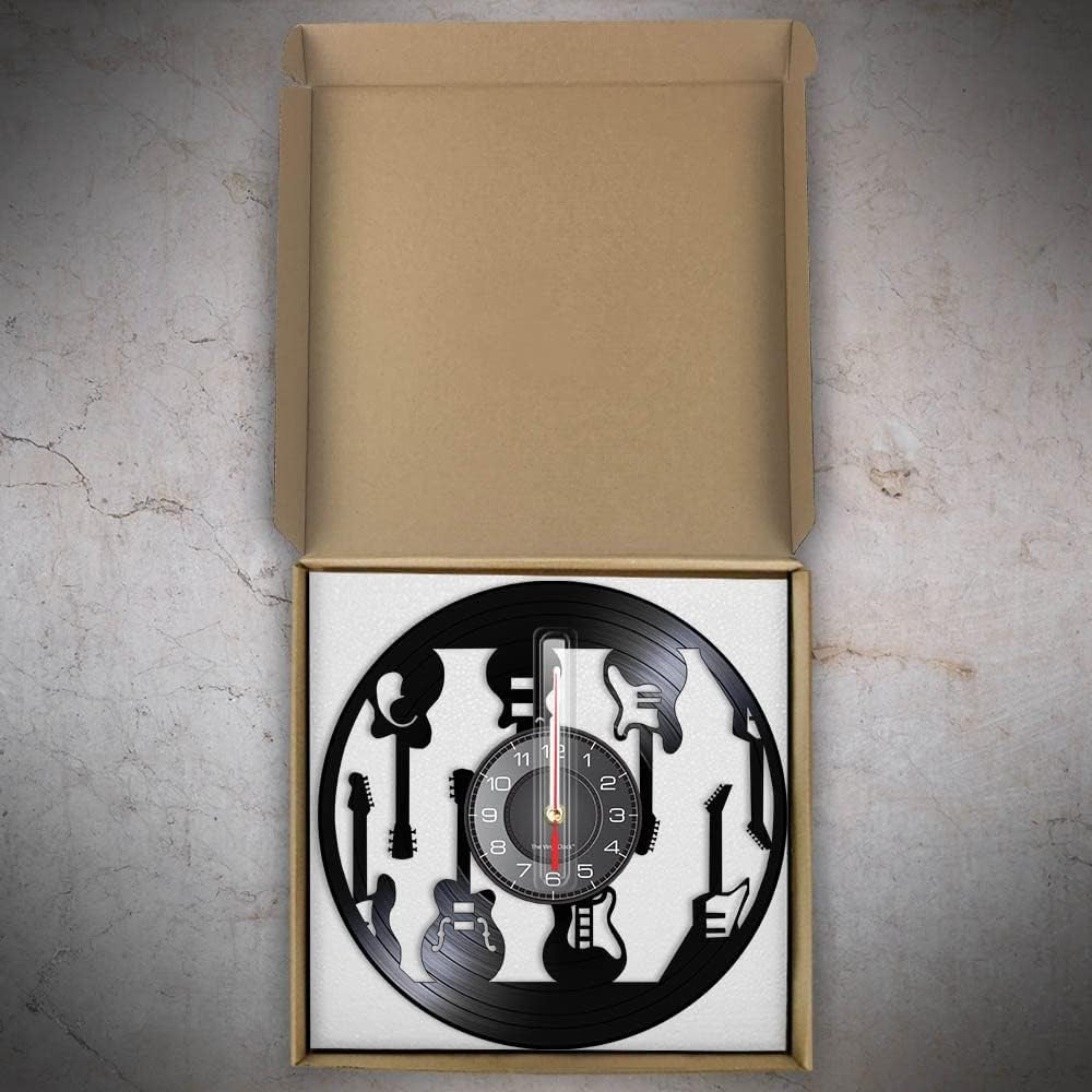 LED Guitar Pattern Vinyl Wall Clock Music Decor Silent 30cm Night Light Gift