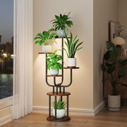 6 Tier Metal Wood Plant Stand with Grow Light Indoor Corner Shelf Rack Brown