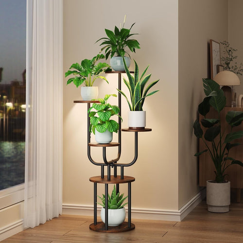 6 Tier Metal Wood Plant Stand with Grow Light Indoor Corner Shelf Rack Brown