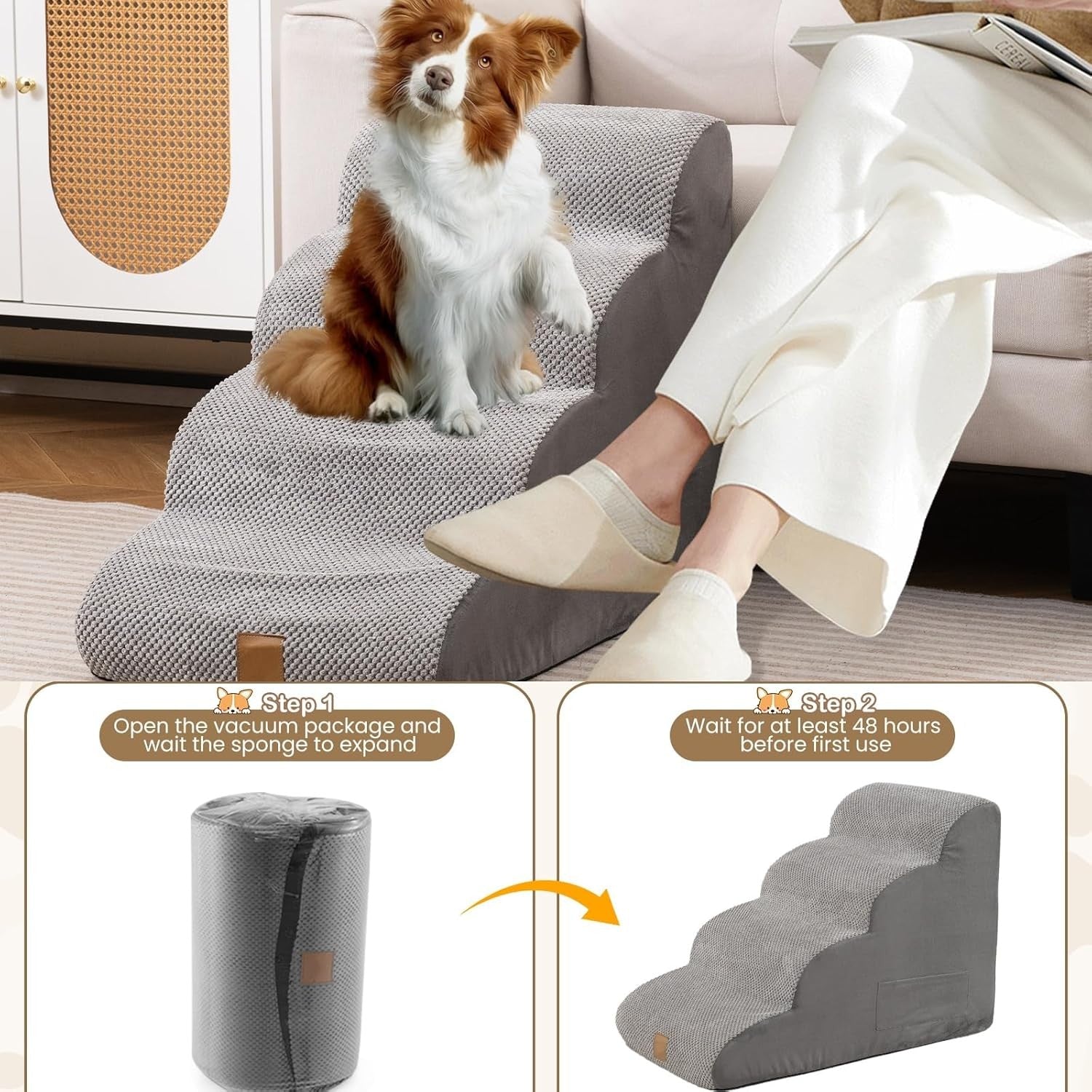 4 Tier Dog Stairs Non Slip Foam Pet Steps Removable Cover Grey